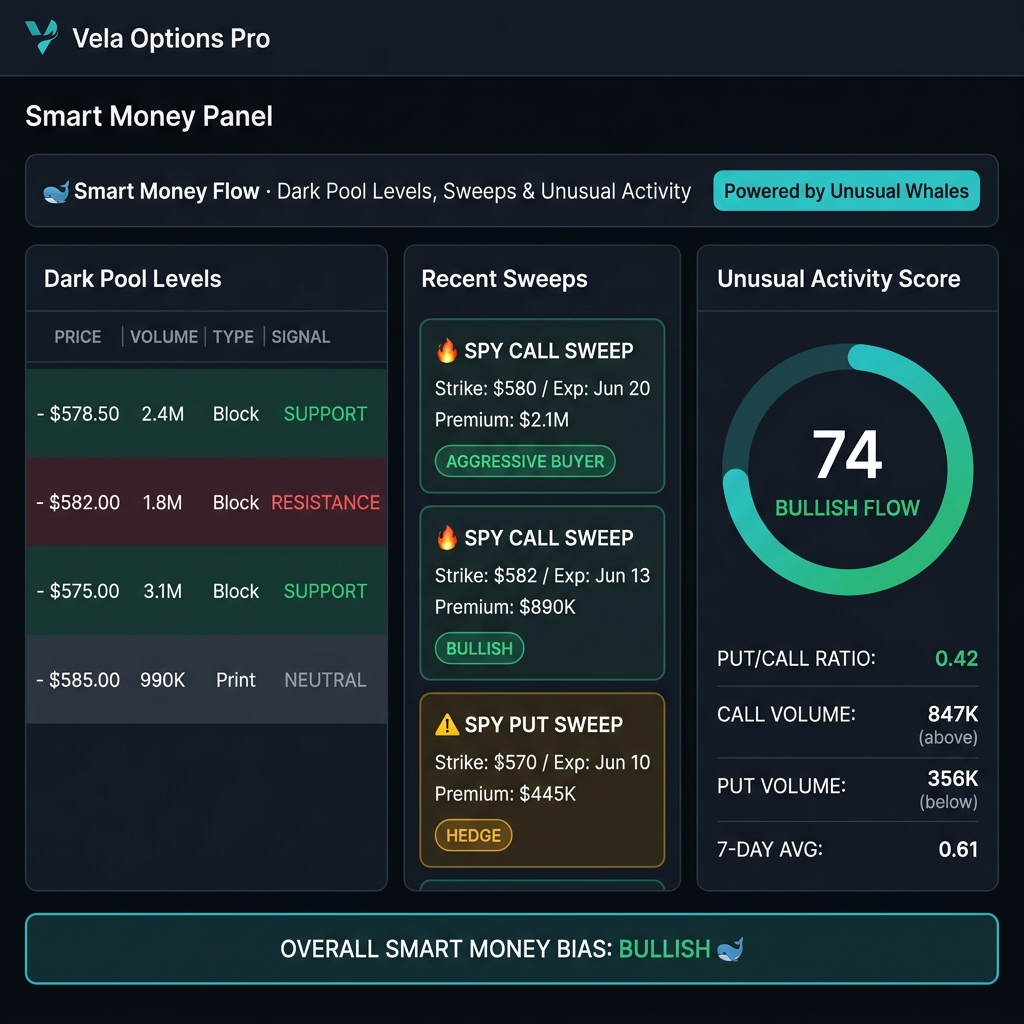 Vela Options Pro Smart Money Panel — Dark Pool Levels, Sweeps and Unusual Flow